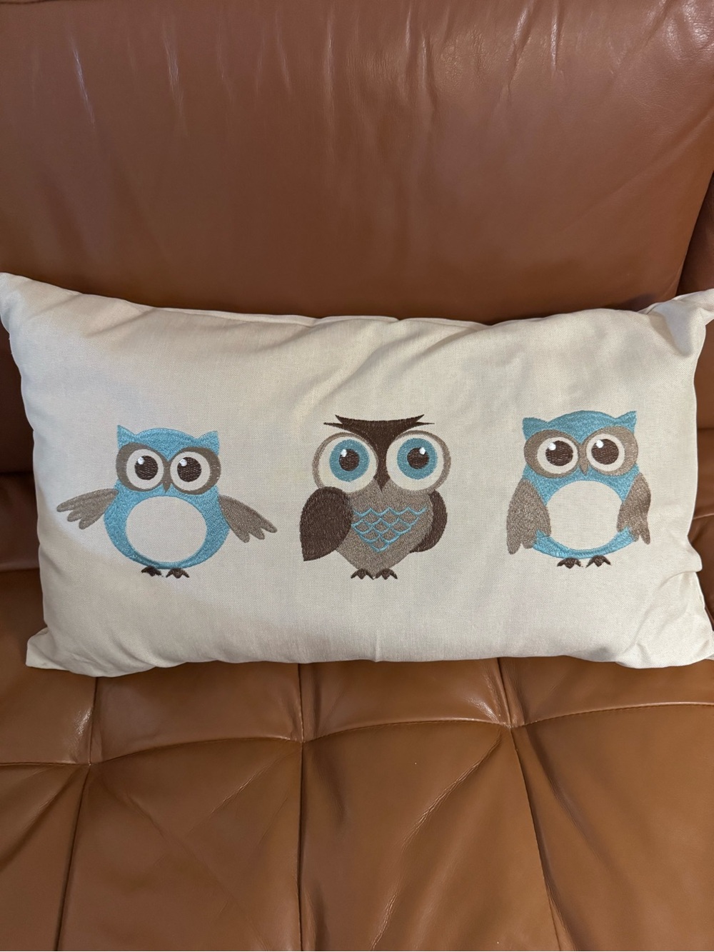 Embroidered Owls Lumbar Throw Pillow Beige Canvas Decorative Accent Pillow